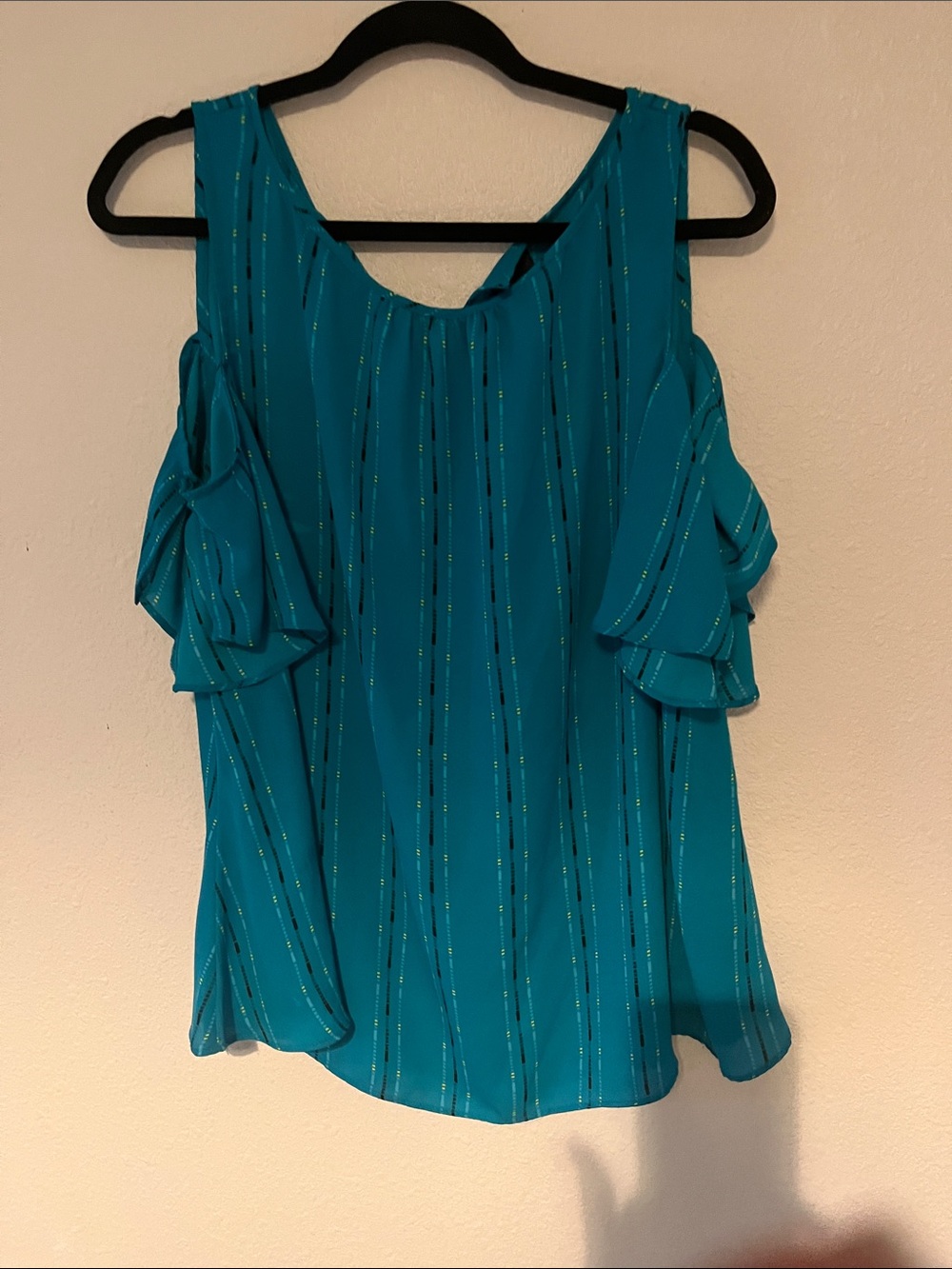 Worthington Women’s Off-Shoulder Teal Blouse with Metallic Stripes XL